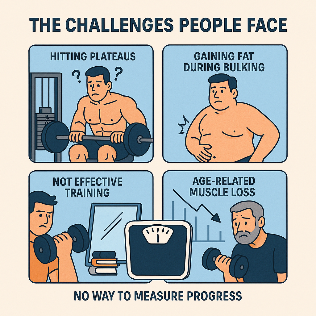 In infographic of the challenges people face gaining muscle without precision data such as DEXA scans
