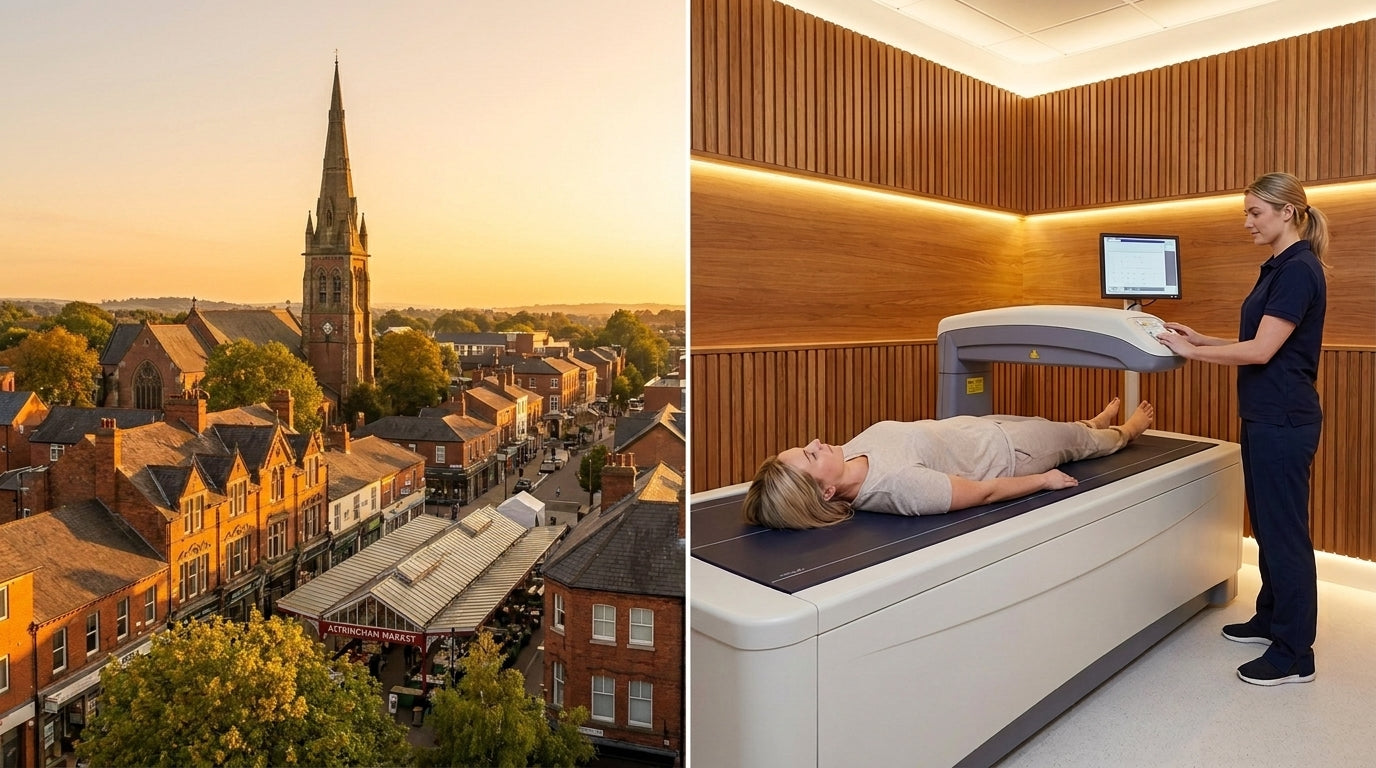 Altrincham town centre alongside a clinical-grade DEXA body composition scanner | TELOMYX mobile DEXA scans in Altrincham and Trafford