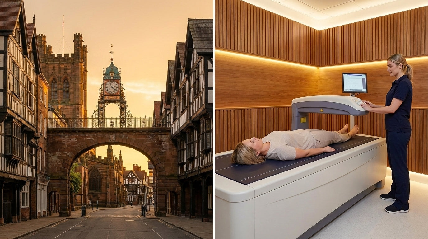 Chester skyline alongside a clinical-grade DEXA body composition scanner | TELOMYX mobile DEXA scans in Chester and across Cheshire