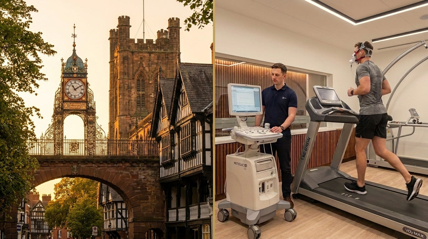Chester skyline alongside an athlete performing a VO2 Max treadmill test in a mask | TELOMYX mobile VO2 Max testing in Chester and across Cheshire