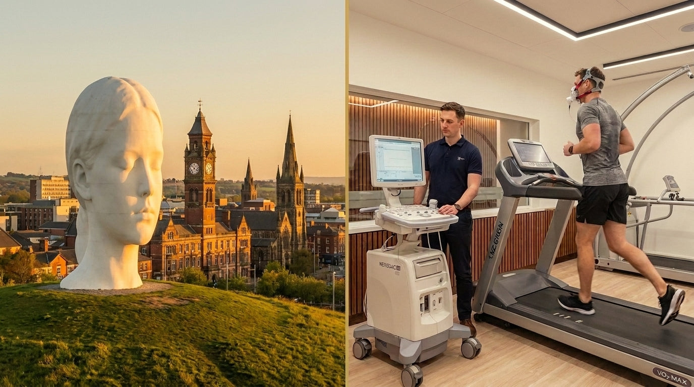 St Helens skyline alongside an athlete performing a VO2 Max treadmill test in a mask | TELOMYX mobile VO2 Max testing in St Helens, Merseyside