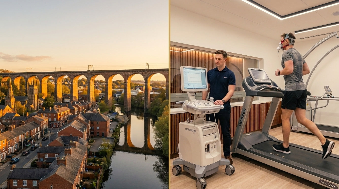 Stockport skyline alongside an athlete performing a VO2 Max treadmill test in a mask | TELOMYX mobile VO2 Max testing in Stockport, Greater Manchester