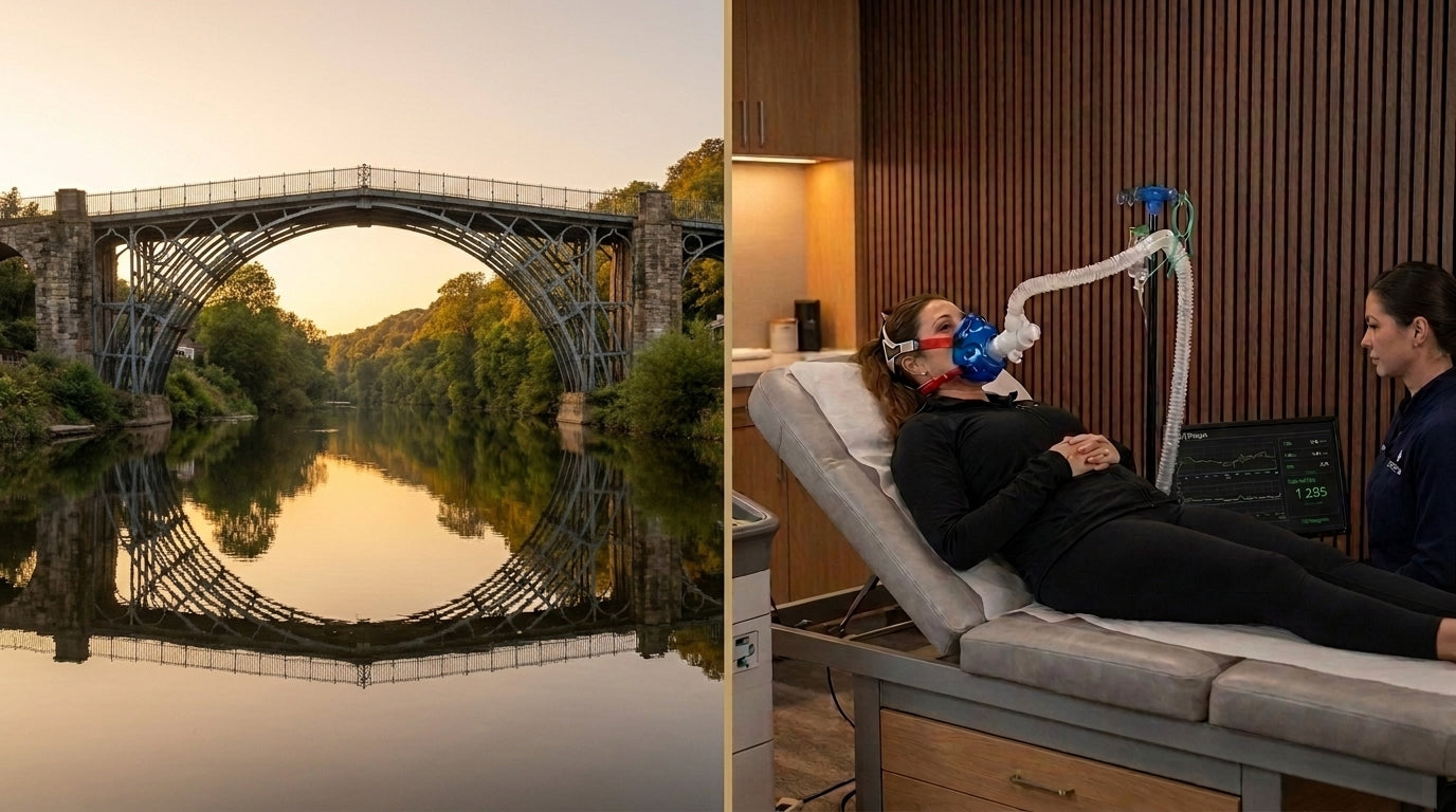 Telford's Iron Bridge alongside a clinical resting metabolic rate test being performed in a premium wellness clinic | TELOMYX mobile RMR testing in Telford and Shropshire