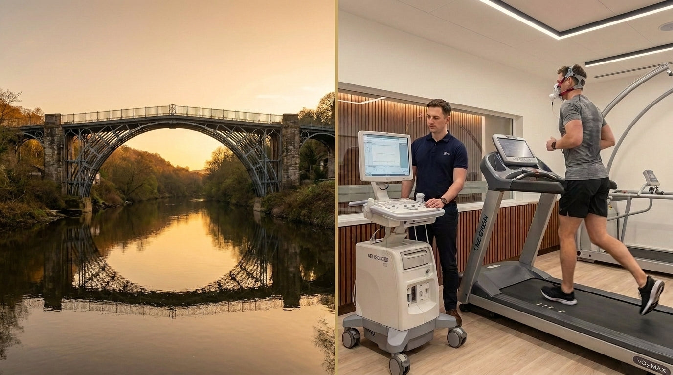 Telford's Iron Bridge alongside an athlete performing a VO2 Max treadmill test in a mask | TELOMYX mobile VO2 Max testing in Telford and Shropshire