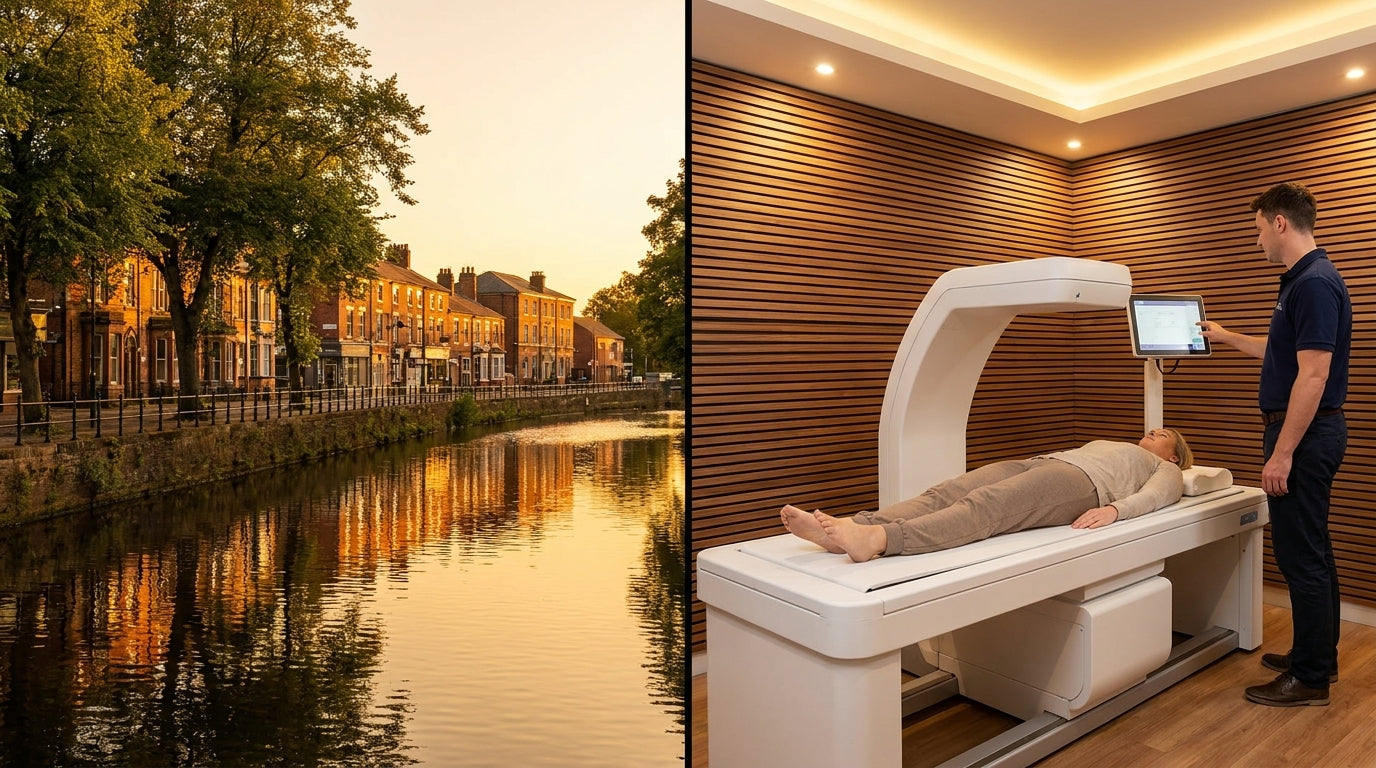 Urmston skyline alongside a clinical-grade DEXA body composition scanner | TELOMYX mobile DEXA scans in Urmston and Greater Manchester