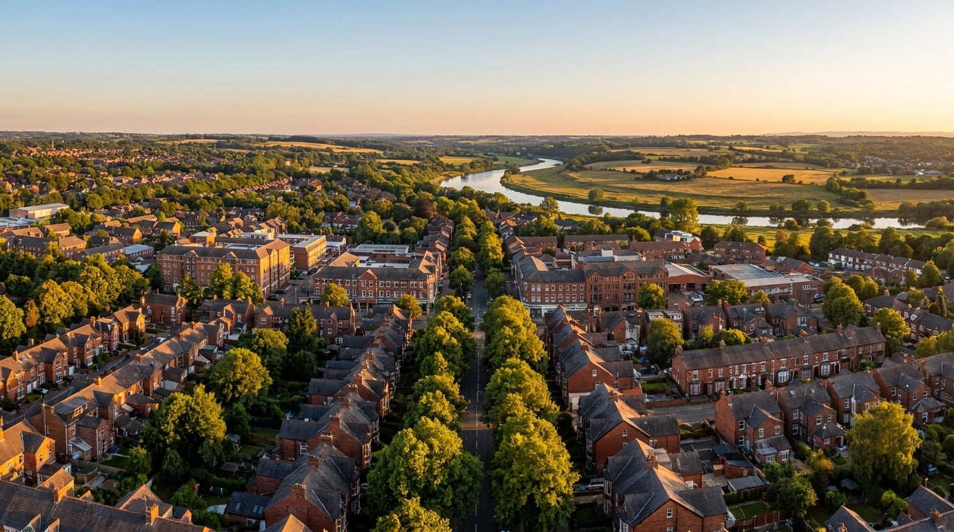 Urmston town centre with tree-lined streets and the River Mersey at golden hour | TELOMYX mobile DEXA, VO2 Max and RMR testing in Urmston and Greater Manchester
