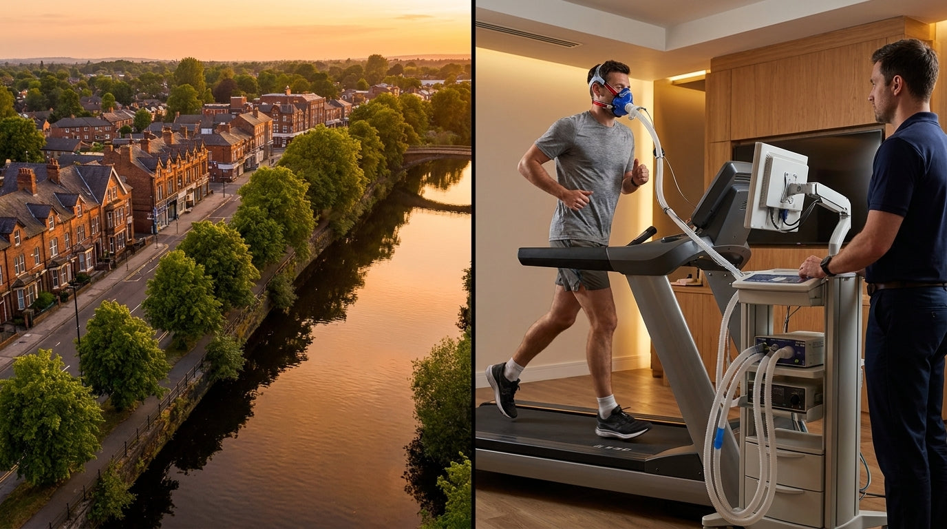 Urmston skyline alongside an athlete performing a VO2 Max treadmill test in a mask | TELOMYX mobile VO2 Max testing in Urmston and Greater Manchester